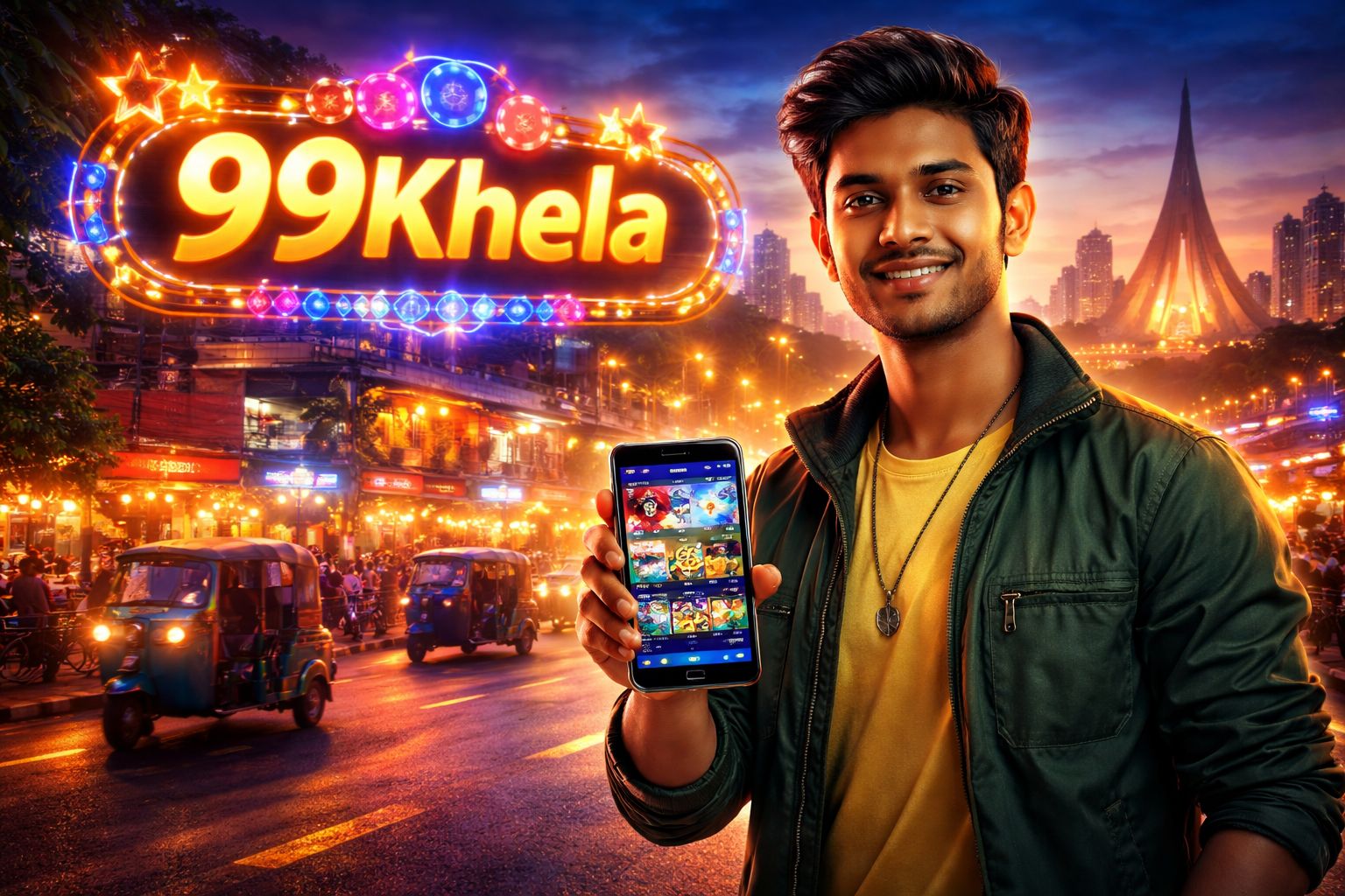 Vibrant Bangladeshi gaming scene with colorful casino elements and the 99Khela neon sign glowing against a dynamic urban backdrop
