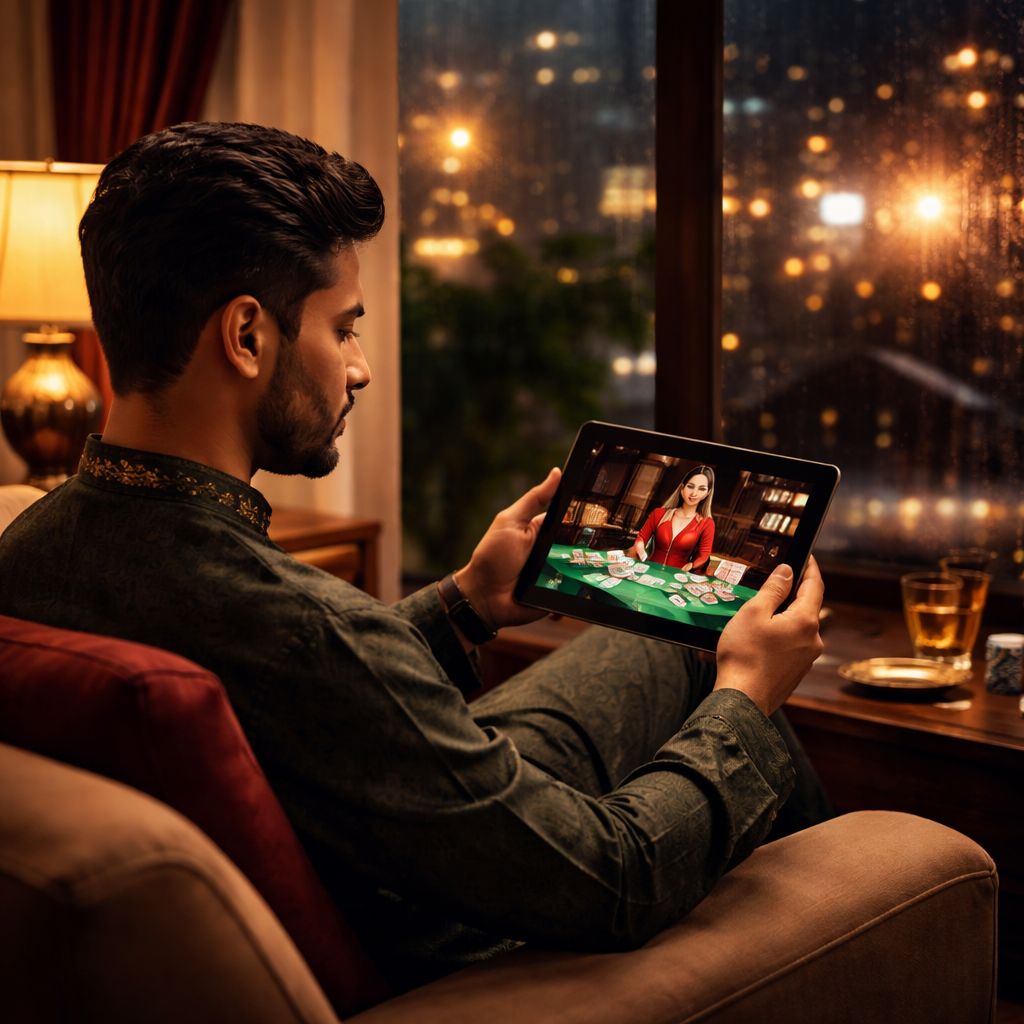 Sophisticated gaming atmosphere with elegant card table setup and golden poker chips showcasing the premium 99Khela casino experience