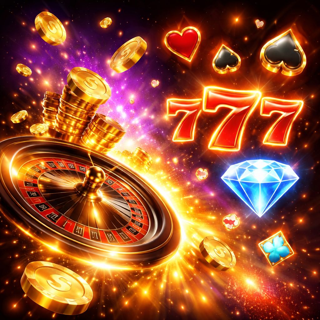 Dynamic digital casino elements with spinning roulette wheel and glowing slot symbols floating above a sleek gaming interface