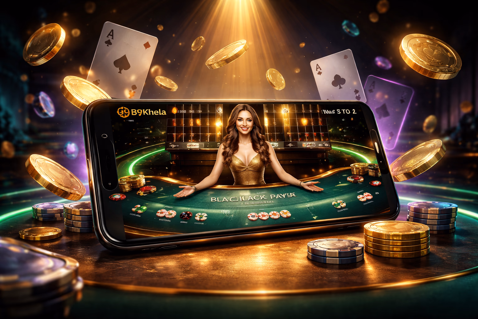 Confident Bangladeshi player browsing the 99Khela app interface on a smartphone with casino cards and golden coins in the background