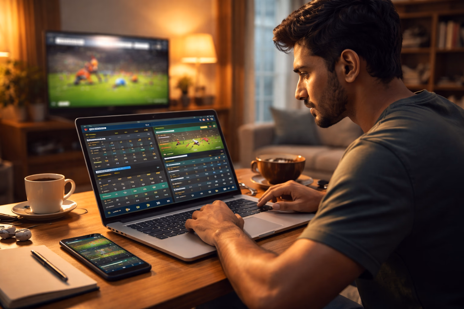 Bangladeshi sports enthusiast analyzing football and cricket betting markets on a laptop through the 99Khela platform at home