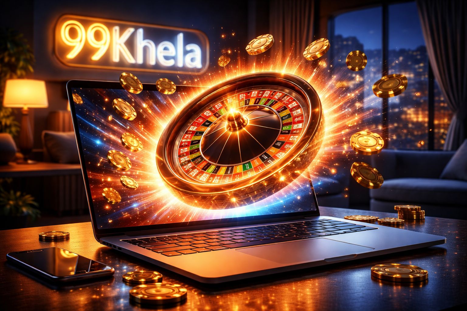 A glowing digital roulette wheel emerging from a laptop screen surrounded by cascading gold chips representing thrilling online casino action at 99Khela in Bangladesh