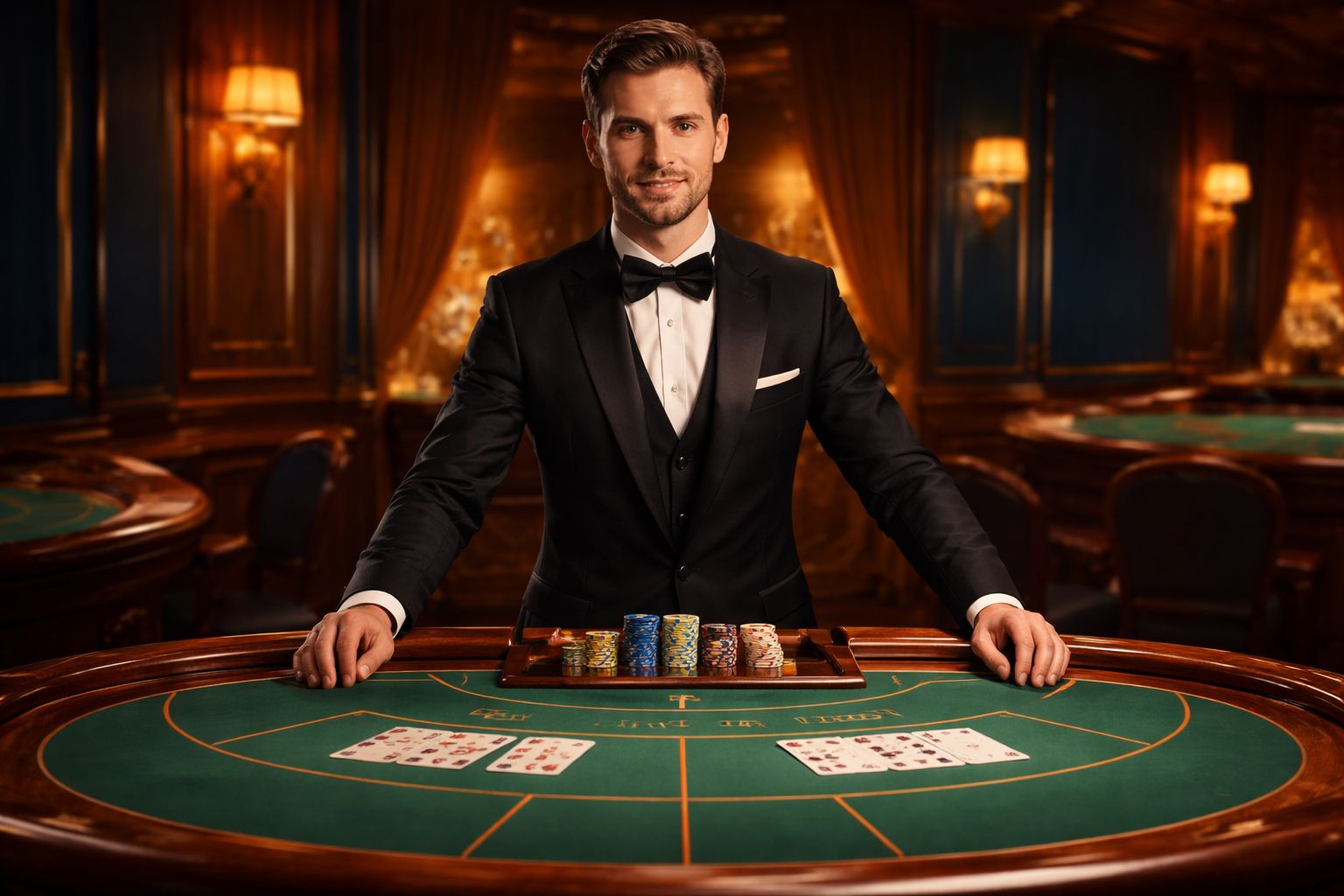 Elegant live dealer confidently dealing baccarat cards at a richly decorated table under warm studio lighting representing the sophisticated atmosphere of 99Khela casino