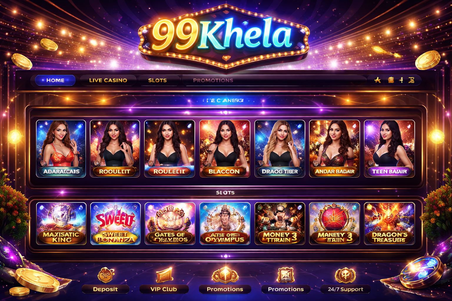 Confident live casino host standing beside a premium roulette wheel surrounded by floating golden chips symbolizing the elite gaming atmosphere of 99Khela in Bangladesh