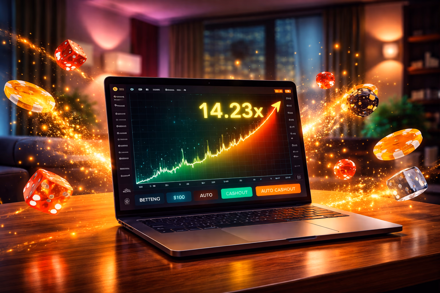 Laptop displaying the 99Khela Aviator crash game interface surrounded by floating golden coins and colorful gaming symbols