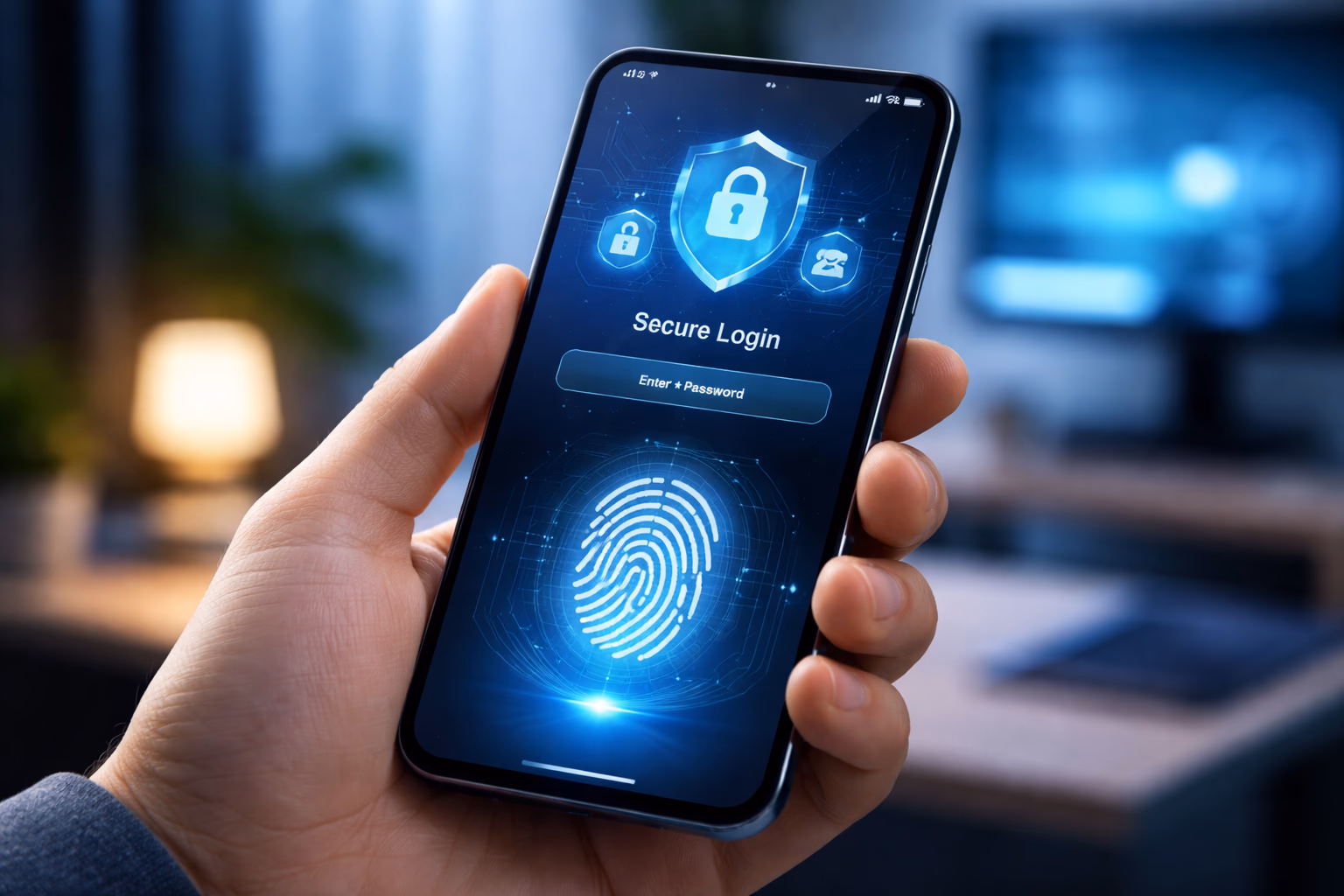Smartphone displaying 99Khela secure login screen with fingerprint verification in a well-lit modern Bangladeshi home office