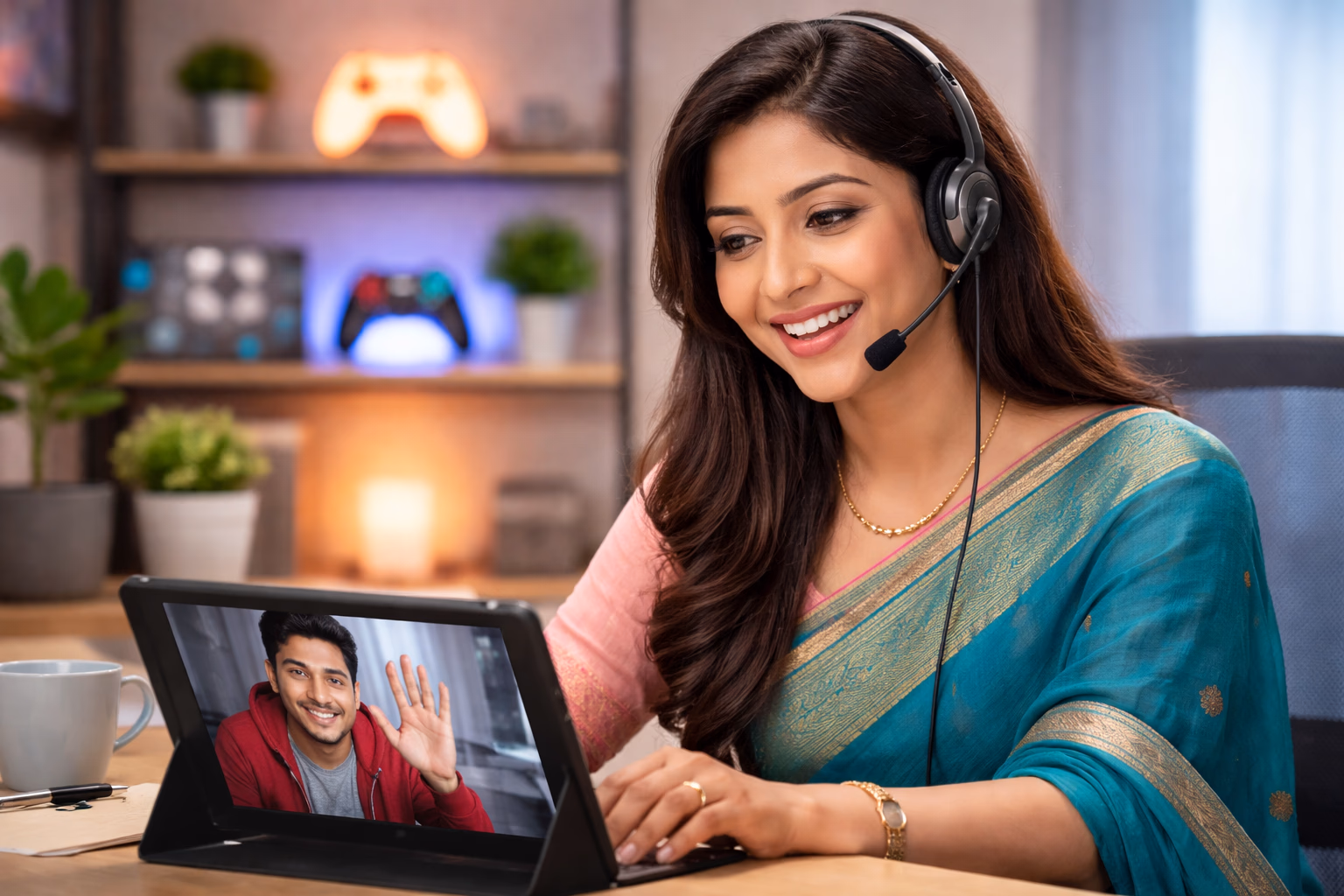 Friendly Bangladeshi customer support agent helping a player resolve 99Khela login issues via video call on a tablet device