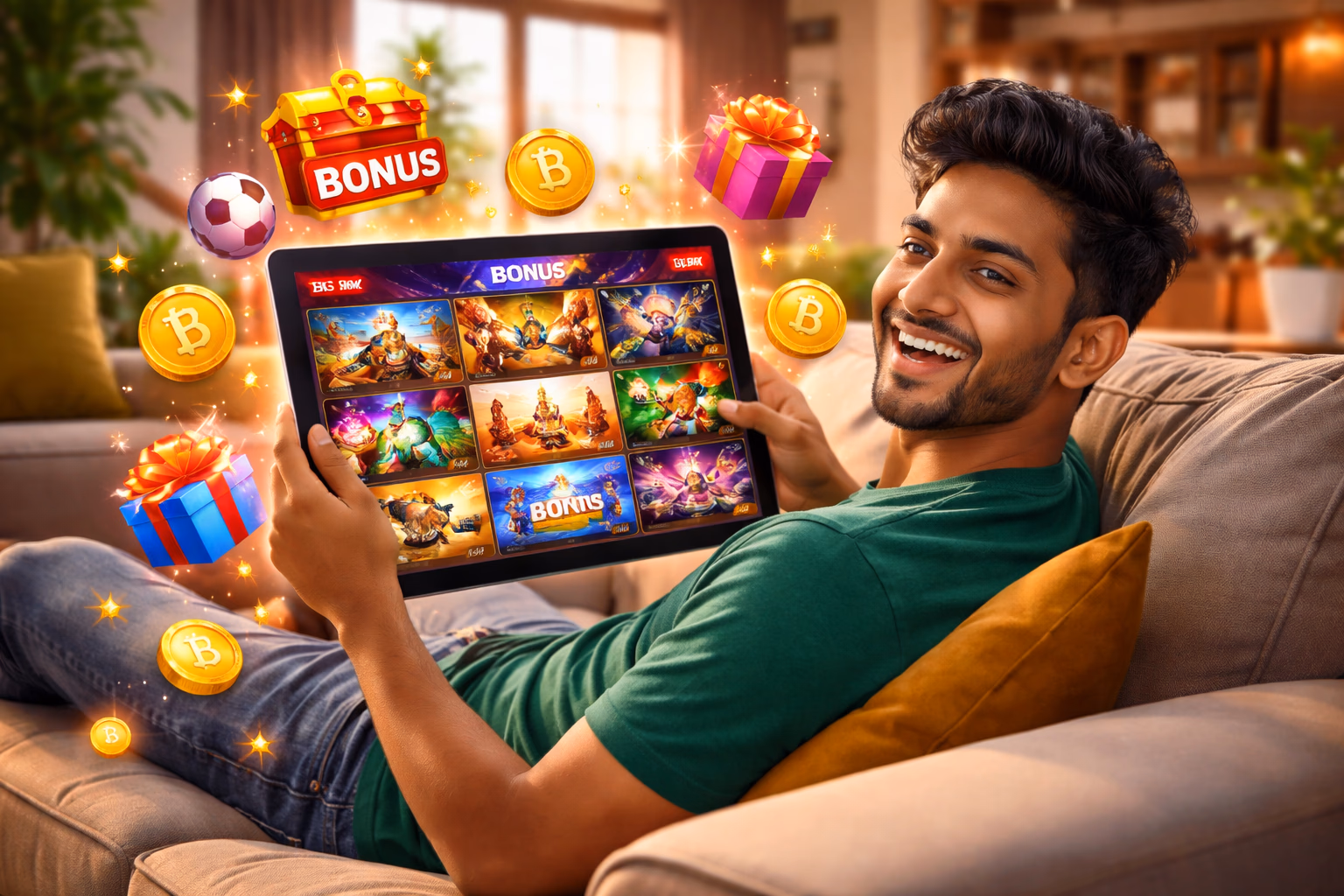 Excited Bangladeshi gamer viewing the 99Khela player dashboard on a tablet with colorful bonus icons and taka currency symbols floating around