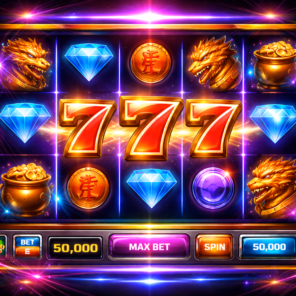 Cheerful Bangladeshi woman celebrating a big slot win with colorful 777 symbols and confetti effects on the 99Khela platform